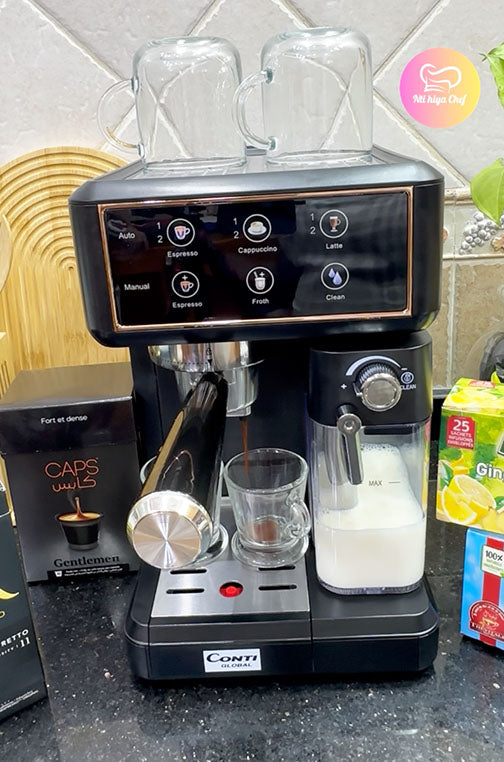 ماكنة الإسبرسو المنزلية ☕️ 7 في 1 بقوة 1350 واط مع عصا تبخير للحليب Machine à café Espresso Conti Global