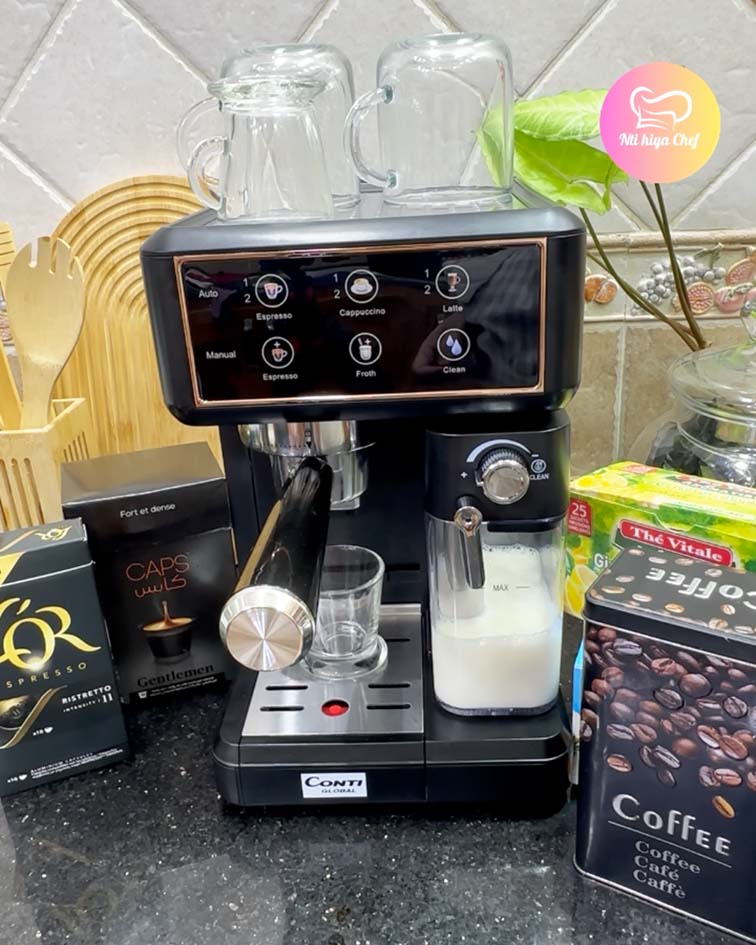 ماكنة الإسبرسو المنزلية ☕️ 7 في 1 بقوة 1350 واط مع عصا تبخير للحليب Machine à café Espresso Conti Global