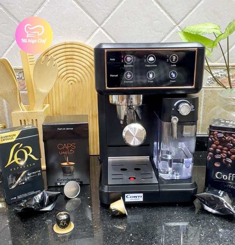 ماكنة الإسبرسو المنزلية ☕️ 7 في 1 بقوة 1350 واط مع عصا تبخير للحليب Machine à café Espresso Conti Global